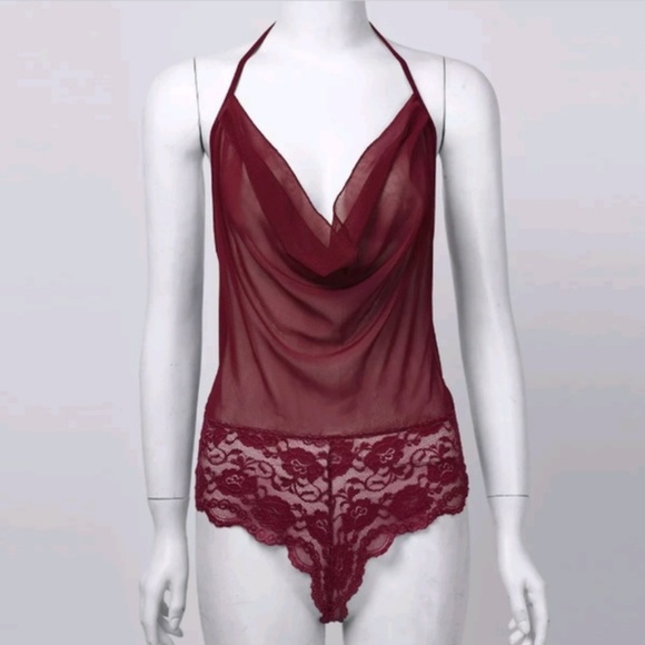 Wine Red Sheer Mesh Lace Halter Lace Up Bodysuit - Picture 3 of 6